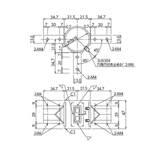 長角パイプ三方 継手(短手) TO−38