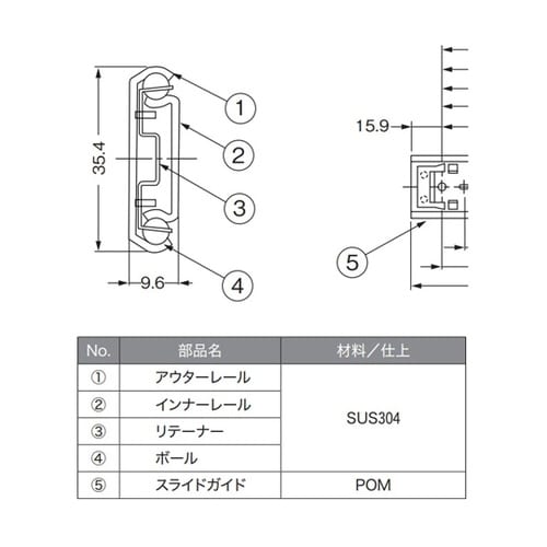 ステンレス スライドレール 3/4スライ