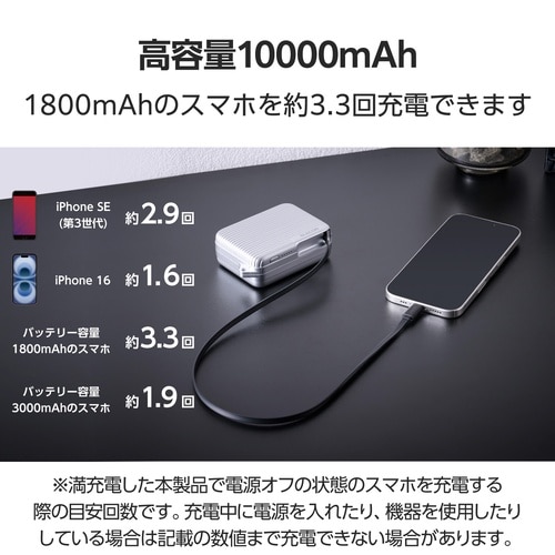 巻取り一体型モバイルバッテリー 30W シルバー