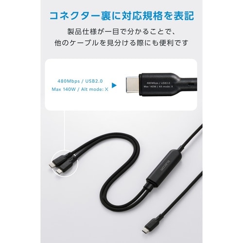 USB−C二股ケーブル PD140W 1.2m 黒