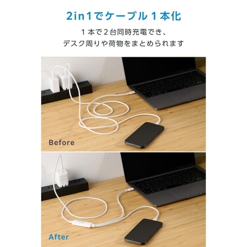 USB−C二股ケーブル PD140W 1.2m 白