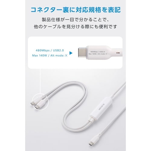 USB−C二股ケーブル PD140W 1.2m 白