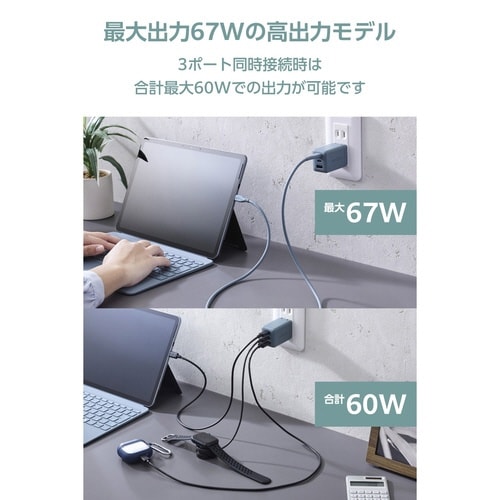 67W USB−C充電器 3ポート コンパクト 緑