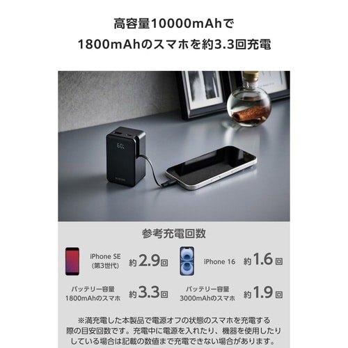 巻取りモバイルバッテリー 22.5W 残量表示 黒