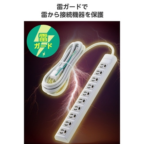 電源タップ3ピン10個口5m 雷ガード 変換付 白