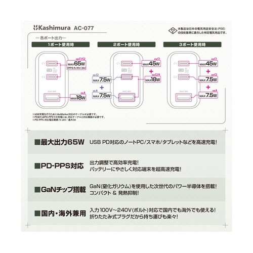 GaN搭載AC充電器 USBA+C2 P