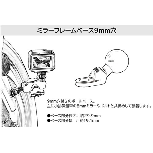 ミラーフレームベース 9mm穴 1インチ