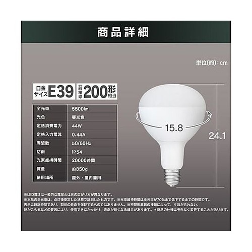 44W/口金E39 作業灯用LED球 E