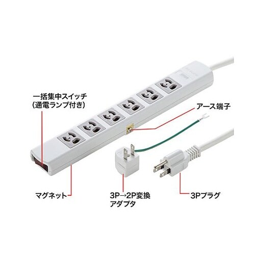 AC125V/15Ax5m タップ(6口