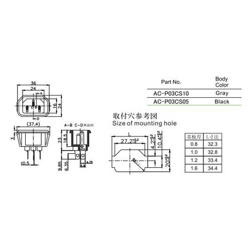 ACインレット(角型、パネルはめ込み式)