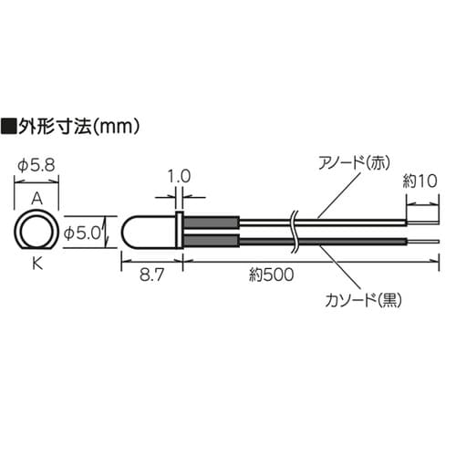 超高輝度コード付きLED (赤色・5mm