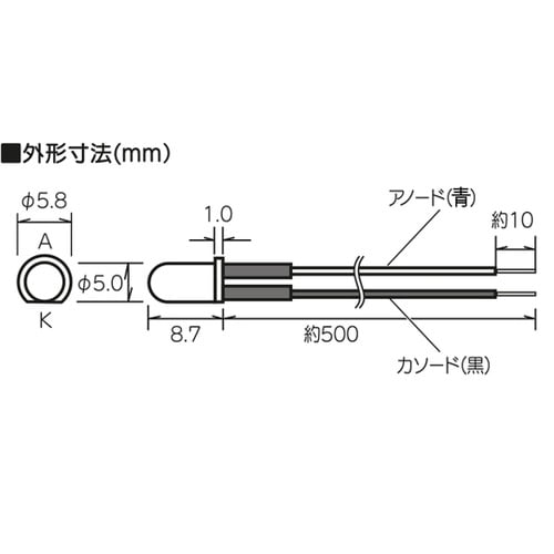 超高輝度コード付きLED (青色・5mm