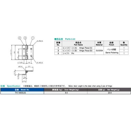 ステンレス片立上がり蝶番 TH−185S