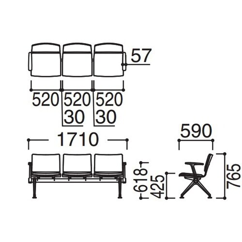 LB38背座パッド 3人用イス両側肘付