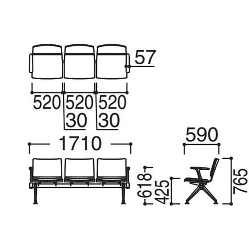 LB38背座パッド 3人用イス両側肘付