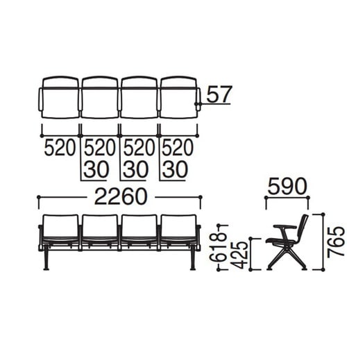 LB38背座パッド 4人用イス各席肘付