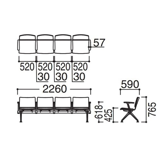 LB38背座パッド 4人用イス各席肘付