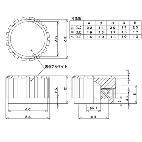 つまみ Φ19 黒 シルバー(アルミ)