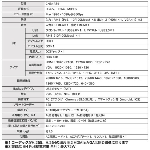 ネットワークレコーダー 8chPoE 4TB