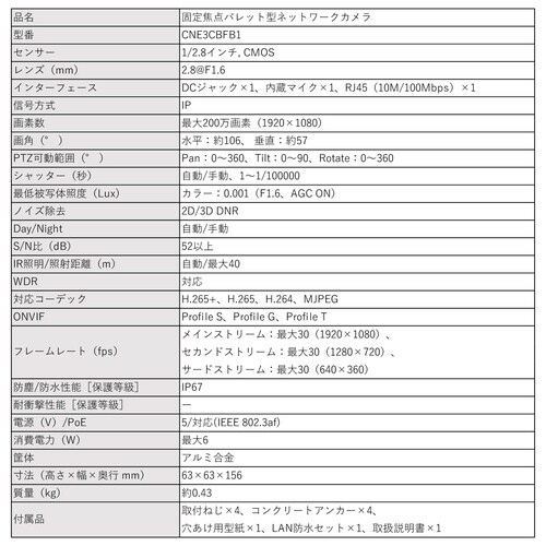 屋外監視カメラ PoE 2MP IP67