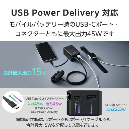 巻取りモバイルバッテリー 45W 黒