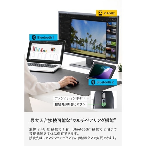 ワイヤレスマウス 静音 両対応 ガラス面 M 黒