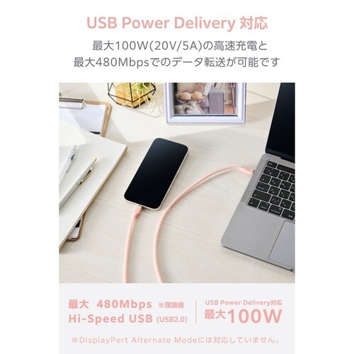 USB−Cケーブル PD100W 1m 桃