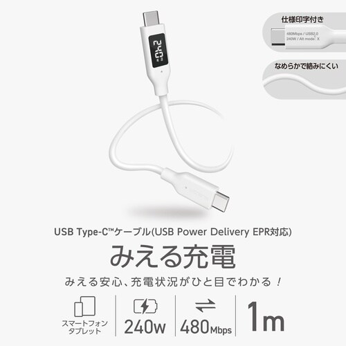 タイプCケーブル1m 240WPD 電力表示
