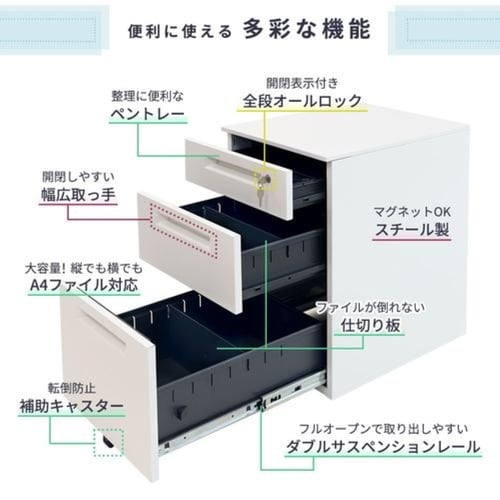 スチールワゴン3段 シリンダー錠 ブラック