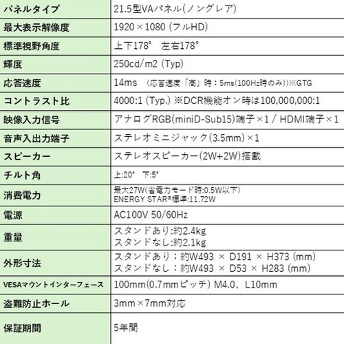 21.5インチ 液晶ディスプレイ