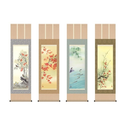掛軸 「四季花鳥揃」 田村竹世筆 尺五四