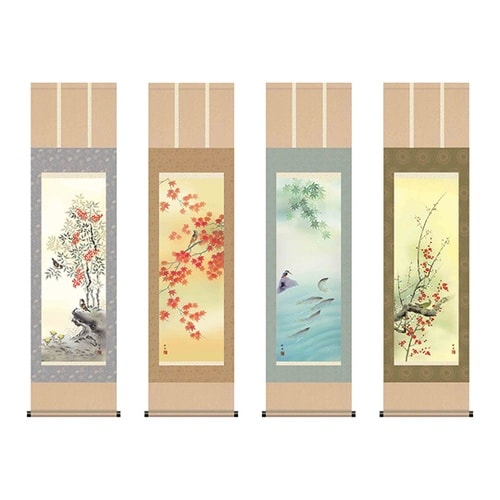 掛軸「四季花鳥揃」田村竹世筆 尺三 D=