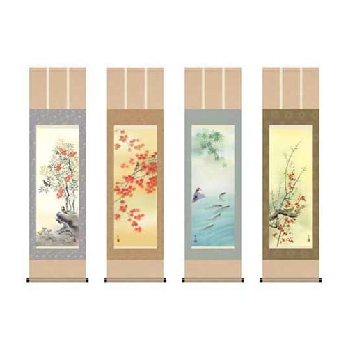 掛軸「四季花鳥揃」田村竹世筆 尺三 D=