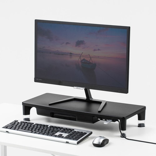 USBハブ・引出し付机上ラック BK