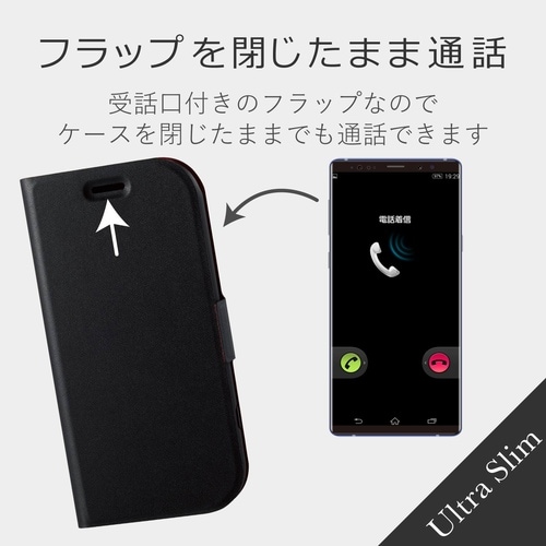 手帳型 薄型 磁石フラップ カード収納 ブラック