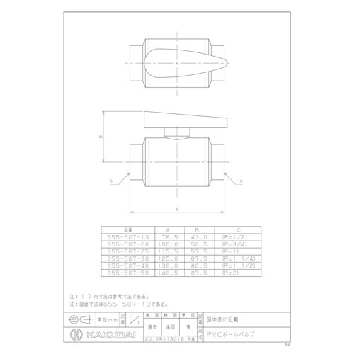 PVCボールバルブ ねじ式 #655−507−50