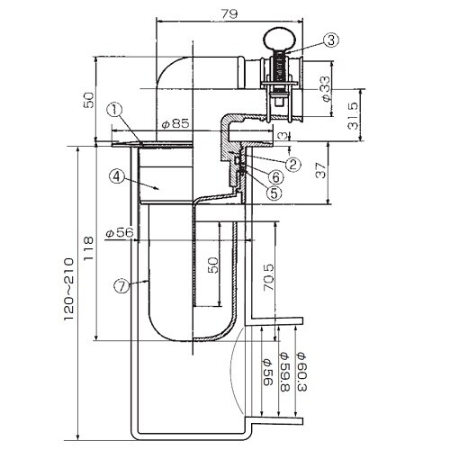 洗濯機用床排水金具50VU専用85MM