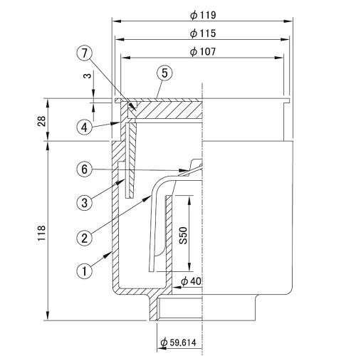非防水用床排水トラップ掃除口(内部目皿付)