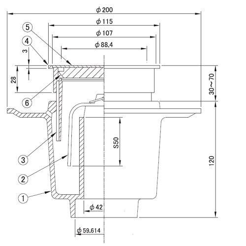 防水用床排水トラップ掃除口(内部目皿付)