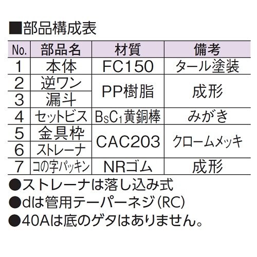 非防水用床排水トラップ・横型 D−5AY 40