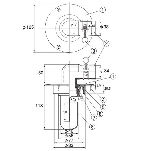 スーパートラップ付洗濯機床排水金具 ビスなし