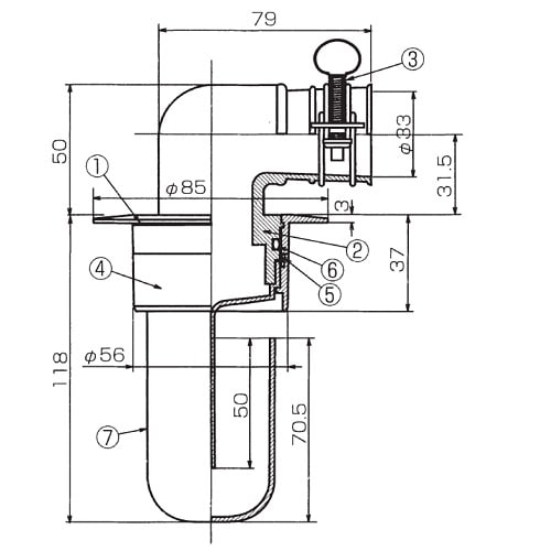 スーパートラップ付洗濯機床排水金具VU50専85