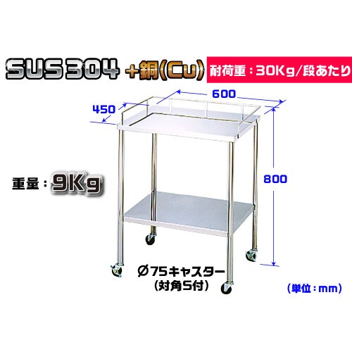 抗菌ステンレス 上段手摺付きワゴン