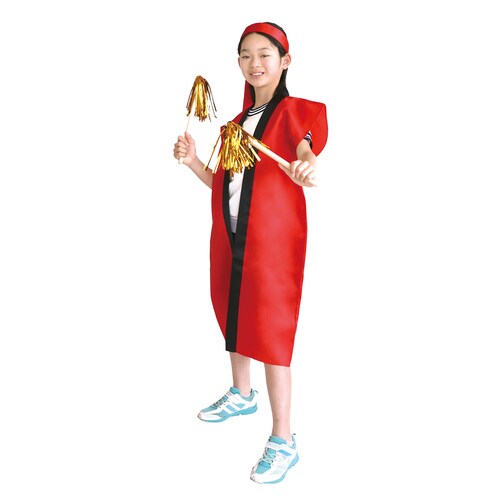 サテンロングハッピ白(赤襟)Sハチマキ付