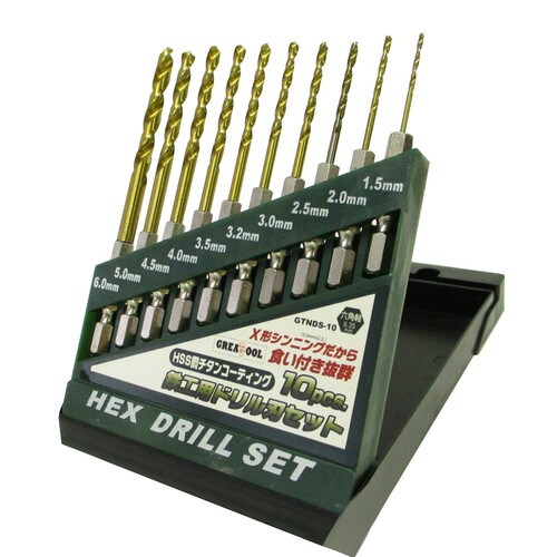 GT 10本組6角軸鉄工ドリル、チタンCO
