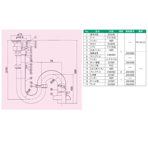 Sトラップ(共栓付)パイプ径32mm