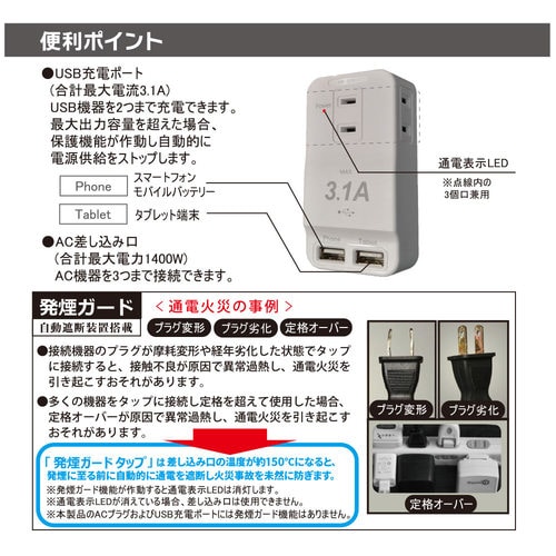 発煙ガードタップUSB付きT3