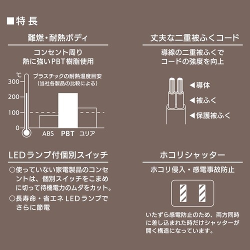 4口2m節電タップ交互コンセント