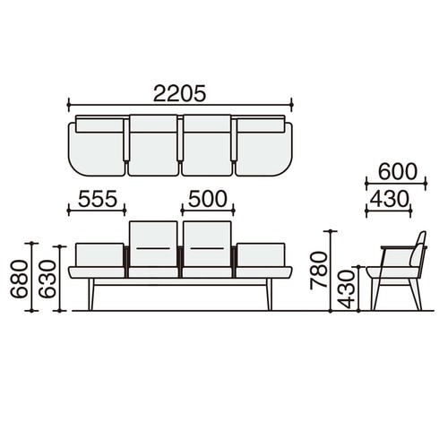 ロビーチェア レフィナ 4人用 両R肘付ロー
