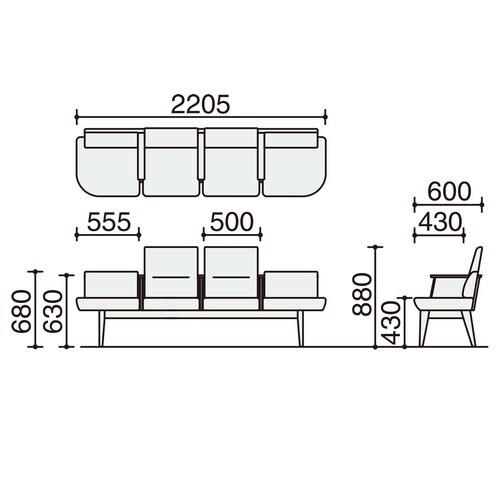 ロビーチェア レフィナ 4人用 両R肘付ミドル